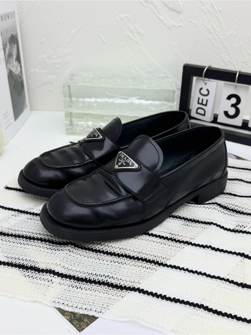 Prada Black Leather Triangle Logo Penny Loafers